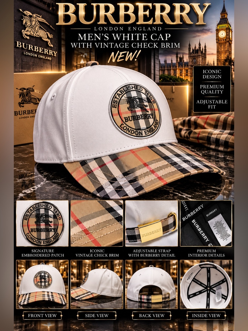 Burberry Men’s White Cap with Vintage Check Brim🔥New!